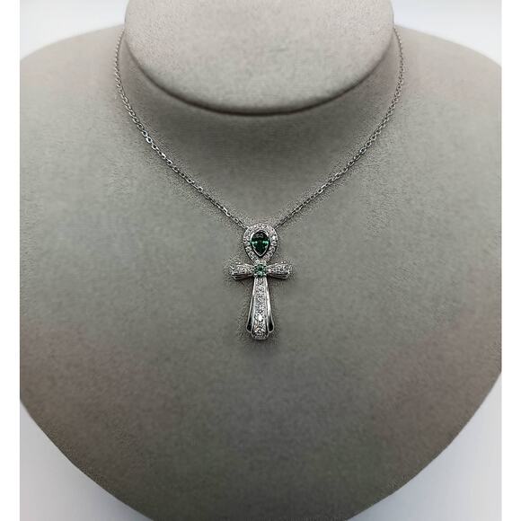 Sterling Silver Ankh Pendant w/ Moissanite & Emerald Green CZ NEW - Picture 1 of 2